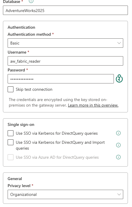 Connection form lower section — credentials encrypted on-premises, Privacy level: Organizational, SSO Kerberos unchecked